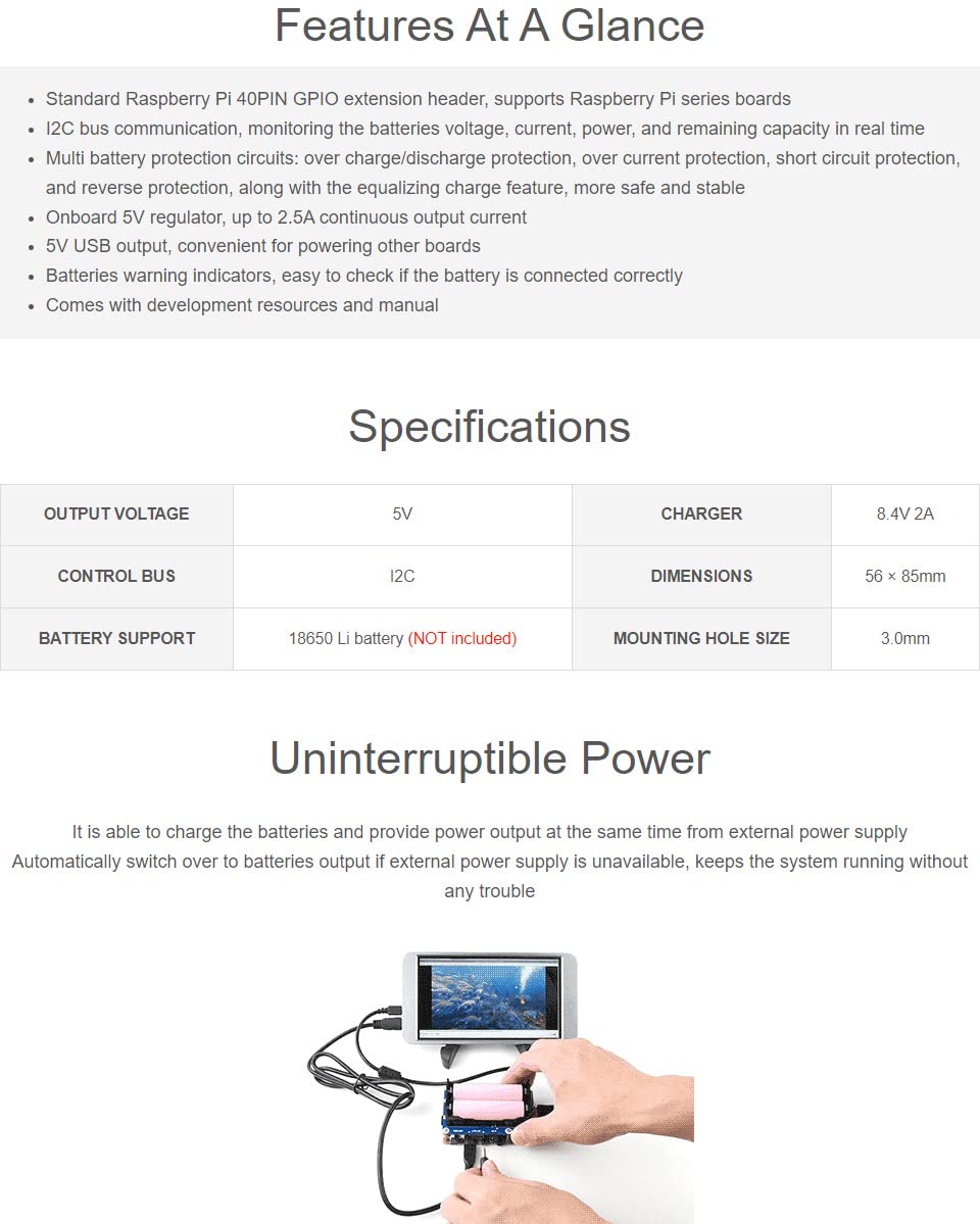 Waveshare UPS HAT for Raspberry Pi 5/4B, 5V Uninterruptible Power Supply Charge and Power Output at The Same Time