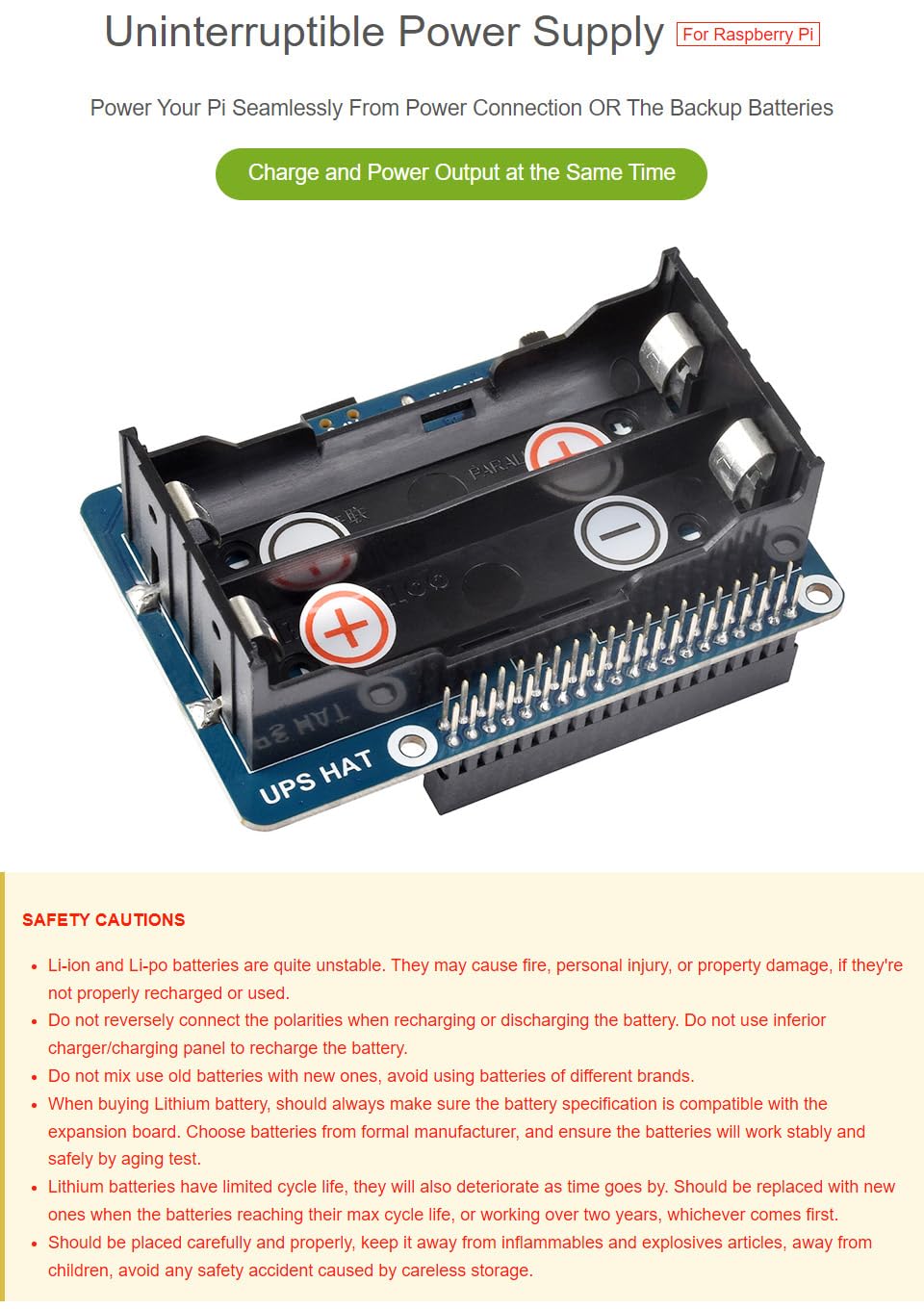 Waveshare UPS HAT for Raspberry Pi 5/4B, 5V Uninterruptible Power Supply Charge and Power Output at The Same Time