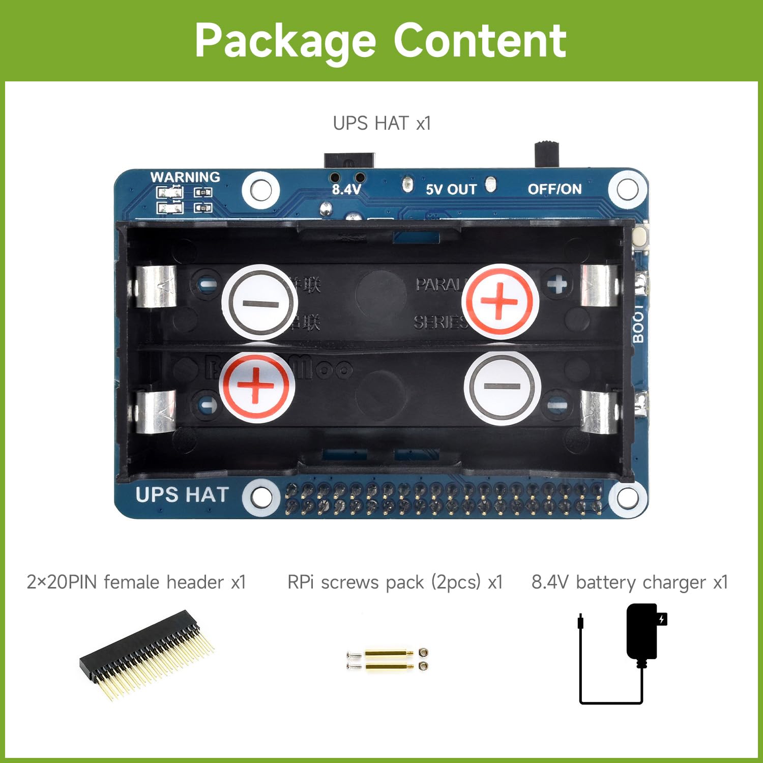 Waveshare UPS HAT for Raspberry Pi 5/4B, 5V Uninterruptible Power Supply Charge and Power Output at The Same Time