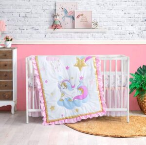 little grape land 3 piece baby crib bedding set, unicorn standard size crib set, nursery baby bedding for girls, crib sheet, comforter, crib skirt, 52" x 28", pink gold
