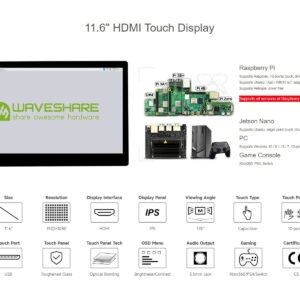 waveshare 11.6inch Capacitive Touch LCD Screen Compatible with Raspberry Pi4B/3B+/3A+/2B/B+/A+/Zero/Zero W/WH/Zero 2W CM3+/4 1920×1080 Resolution HDMI IPS Supports Jetson Nano/Windows