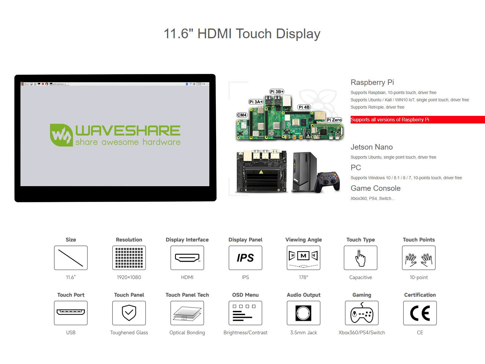 waveshare 11.6inch Capacitive Touch LCD Screen Compatible with Raspberry Pi4B/3B+/3A+/2B/B+/A+/Zero/Zero W/WH/Zero 2W CM3+/4 1920×1080 Resolution HDMI IPS Supports Jetson Nano/Windows