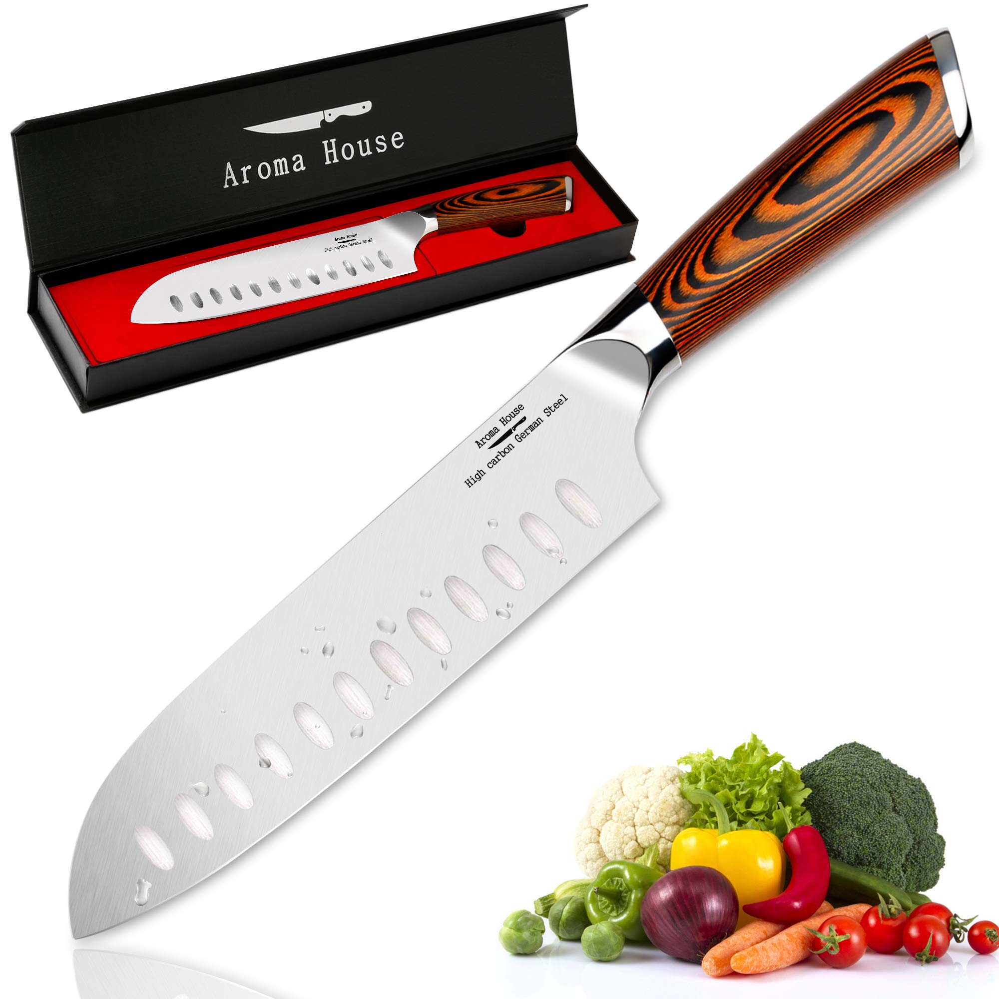 Aroma House Santoku Knife 7 Inch, Kitchen Knife, German High Carbon Stainless Steel,Ergonomic Handle, Ultra Sharp Knife for Kitchen&Restaurant,Christmas Gift