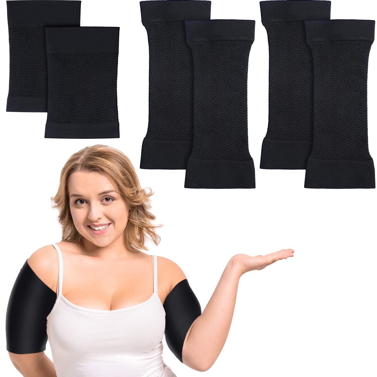 SATINIOR 2 Pairs Women Arm Shapers Plus Size Arm Slimming Compression Sleeve Slim Upper Flabby Arm Wrap and 1 Pair Calf Compression Sleeves, Suitable for Arm Circumference 7 to16 Inches