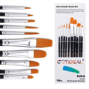 gotideal acrylic paint brush set,10 pcs assorted nylon hair brushes for all purpose, acrylic, watercolor, oil and gouache painting，perfect paint brush for kids & adult (10pack)