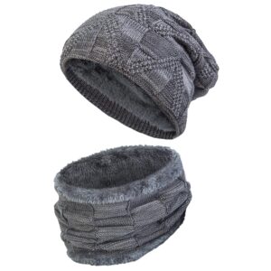 2 pieces winter beanie hat scarf set thick warm knit fleece lined skull cap scarves gifts for men,y-gray