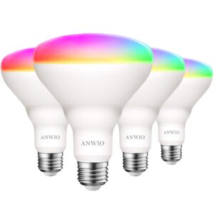 anwio smart light bulb br30 rgb color changing led wifi dimmable multicolor light bulbs e26 base, compatible with alexa, google assistant, no hub required, 650 lumen 8.5w (60w equivalent) 4 pack