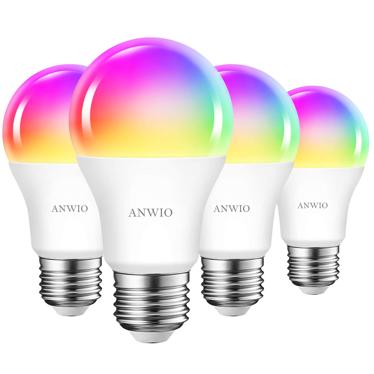 ANWIO 4-Pack Smart Light Bulbs 8.5W (60W Replacement) A19 E26 LED Bulb Work with Alexa, Google Assistant, Smart Life App, Tuya App, Color Changing, No Hub Required