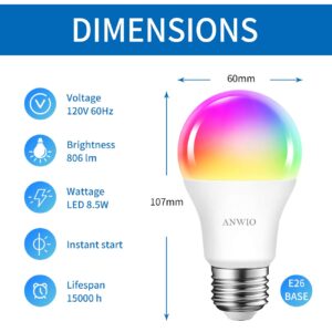 ANWIO 4-Pack Smart Light Bulbs 8.5W (60W Replacement) A19 E26 LED Bulb Work with Alexa, Google Assistant, Smart Life App, Tuya App, Color Changing, No Hub Required