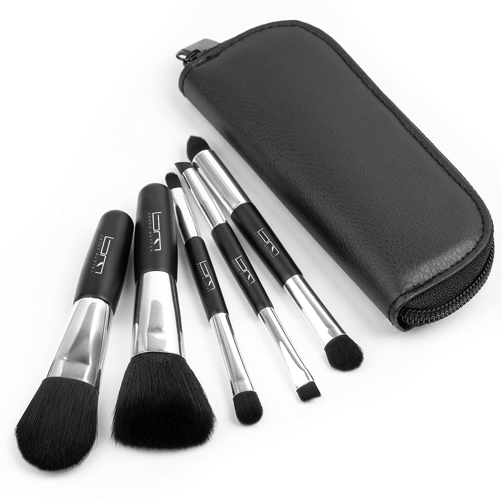 Brush Master Travel Makeup Brushes Set w/Pouch, 5PCS Double Ended Portable Mini Cosmetic Brushes Kit for Foundation, Eyeshadow, Lip, Blush Make Up Brushes Professional(Black)