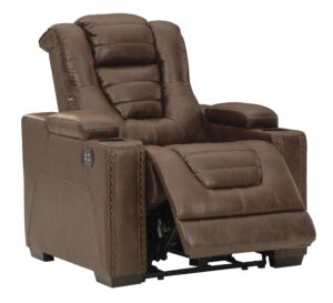 signature design by ashley owner's box faux leather power recliner with adjustable headrest, brown