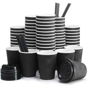 primens insulated disposable coffee cups with lids & straws 12 oz, 100 packs - paper cups for hot beverage drinks to go tea coffee home office car coffee shop party (black)