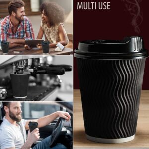 Primens Insulated Disposable Coffee Cups with Lids & Straws 12 oz, 100 Packs - Paper Cups for Hot Beverage Drinks To Go Tea Coffee Home Office Car Coffee Shop Party (Black)