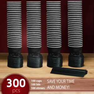 Primens Insulated Disposable Coffee Cups with Lids & Straws 12 oz, 100 Packs - Paper Cups for Hot Beverage Drinks To Go Tea Coffee Home Office Car Coffee Shop Party (Black)