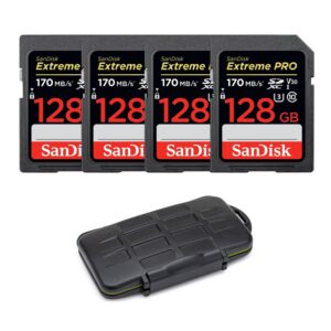 sandisk 128gb extreme pro 170 mb/s uhs-i sdxc memory card (4-pack) bundle with storage carrying case (5 items)