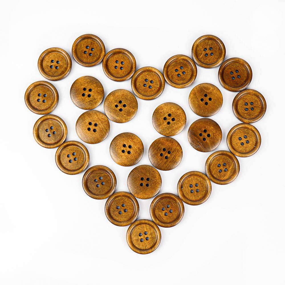 50 Pcs 1 inch Wooden Buttons, 25mm Premium Buttons for Sewing Craft Clothing, Brown Color, Natural Chestnut Made, 4 Hole