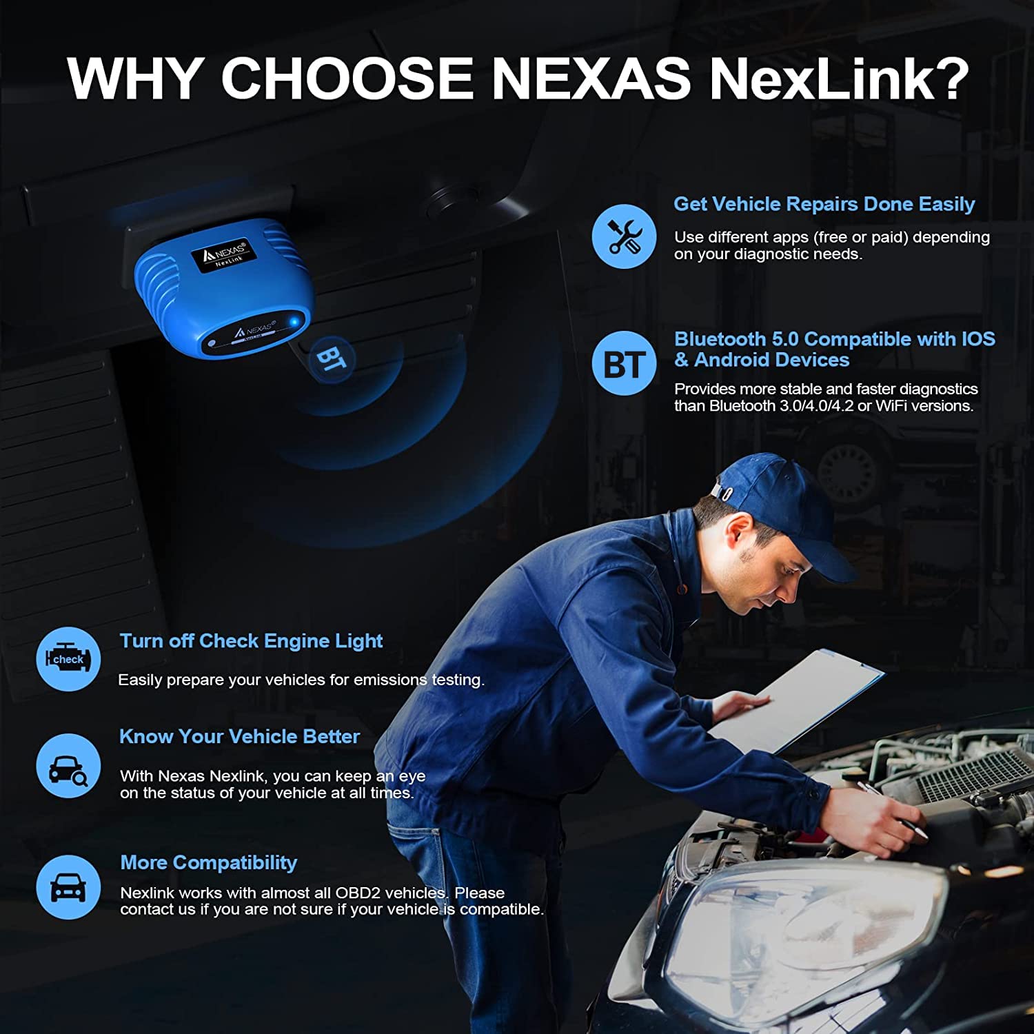 NEXAS NexLink OBD2 Scanner Bluetooth 5.0,Wireless Compatible with Third-Party Apps,Car & Motorcycle Universal Code Reader,Check Engine Fault OBDII Adapter Scan Tool for iOS, Android & Windows