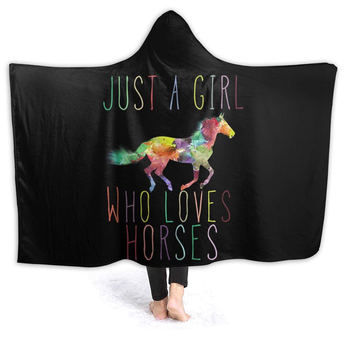 321DESIGN Just A Girl Who Loves Horses Wearable Blanket Fleece Hooded Robe Cloak Throw Quilt Poncho Microfiber Sherpa Plush Warm Wrap Multiple-Size Child(50"x40"in)