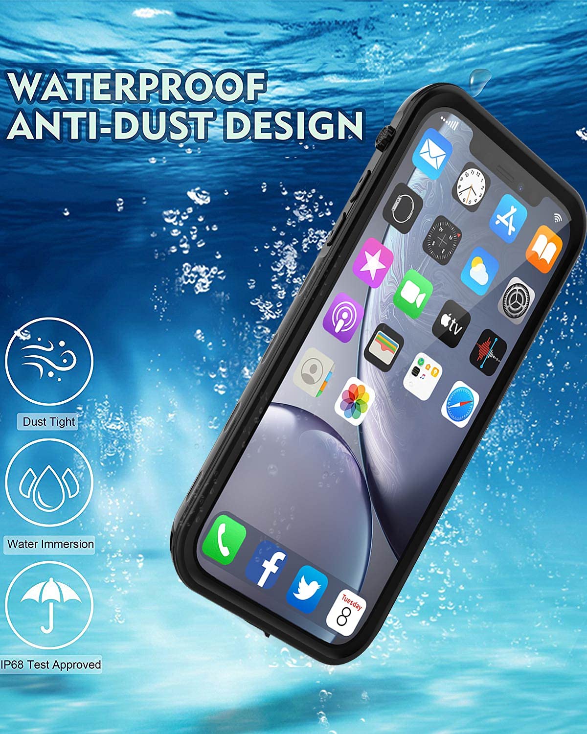 LOVE BEIDI iPhone XR Waterproof case Life Snowproof Dirtproof Shockproof Cover … (Black/Clear)