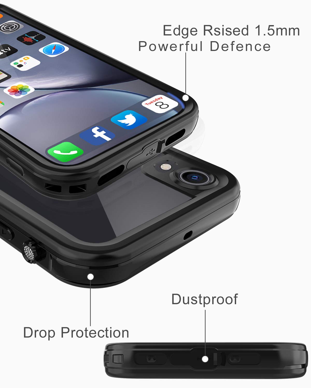 LOVE BEIDI iPhone XR Waterproof case Life Snowproof Dirtproof Shockproof Cover … (Black/Clear)