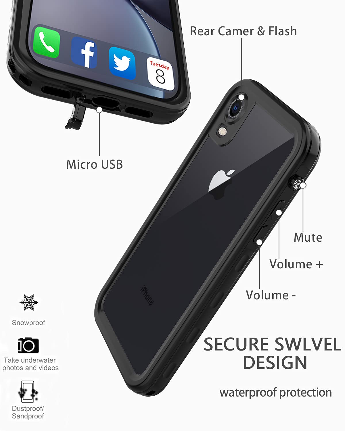 LOVE BEIDI iPhone XR Waterproof case Life Snowproof Dirtproof Shockproof Cover … (Black/Clear)