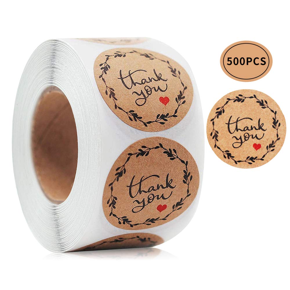 1.5 Inch Round Kraft Paper Thank You Stickers /500 Lables Per Roll/Perfect for Business Events,Customer Appreciation,Gift Package,Wedding, Anniversary, Graduation,Birthday