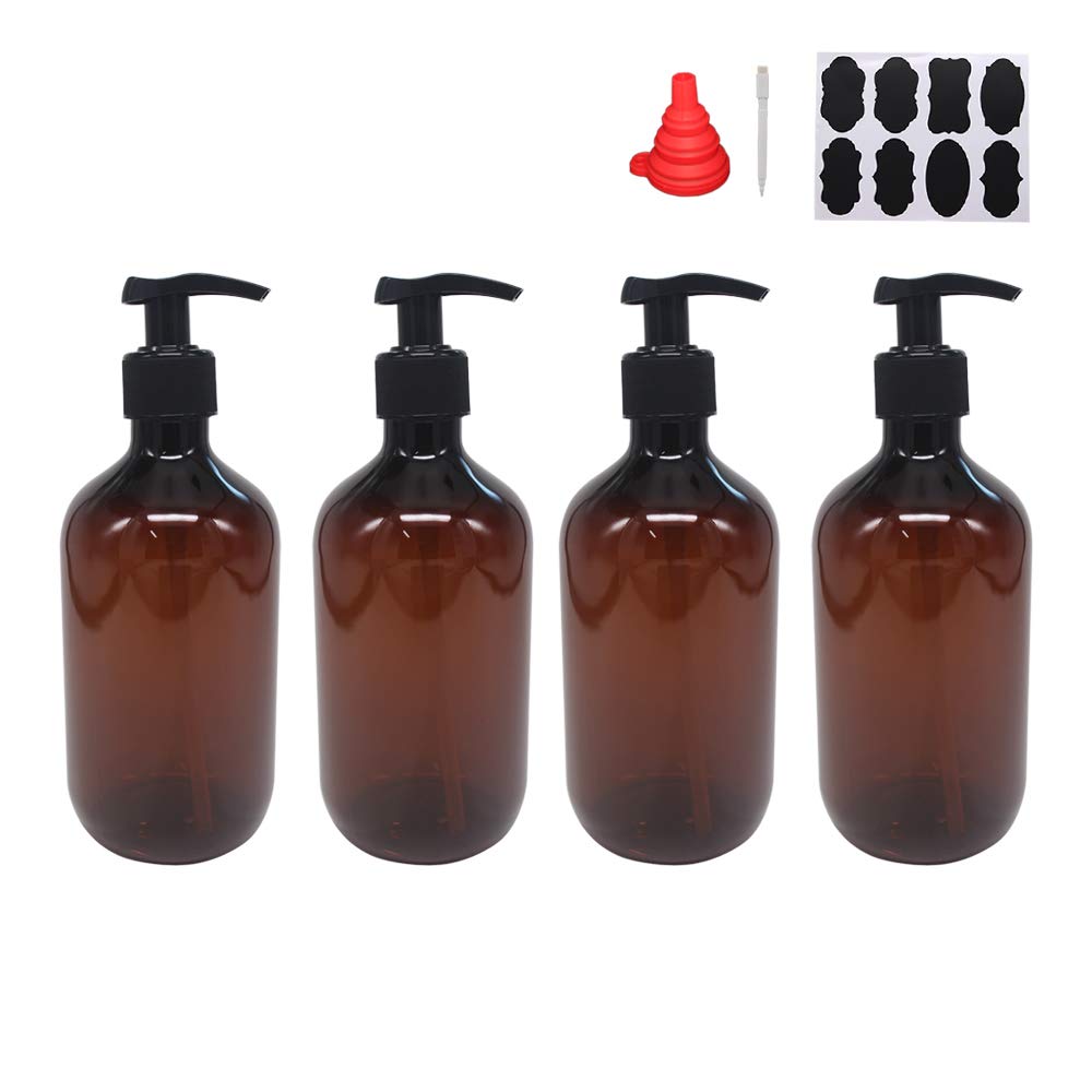 4 Pack 16 OZ Empty Plastic Pump Lotion Bottles with 1 Pen, Labels & Silicone Funnel, Amber Color Lotion Dispenser with Locking Pump for Body Wash, Shampoo, Massage Lotion, Gel by ZMYBCPACK