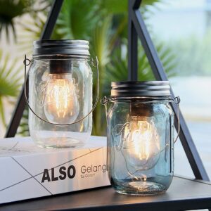 outdoor mason jar lights hanging, 2-pack led decorative garden lanterns with timer, battery operated vintage glass light for patio camping courtyard backyard tree hallway stairs farmhouse (2color)