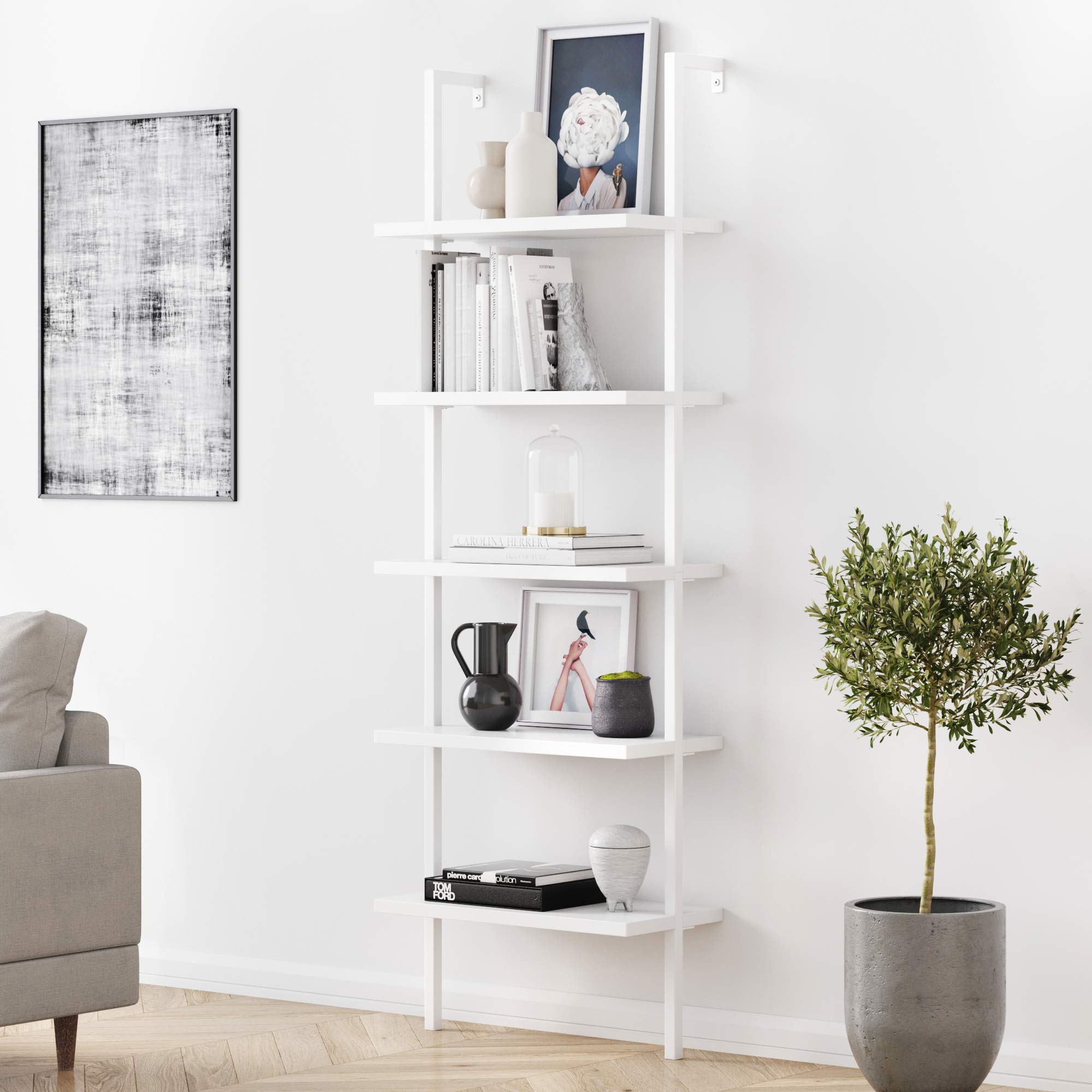 Nathan James 65506 Theo 5-Shelf White Modern Bookcase, Open Wall Mount Ladder Bookshelf with Industrial White Metal Frame, White