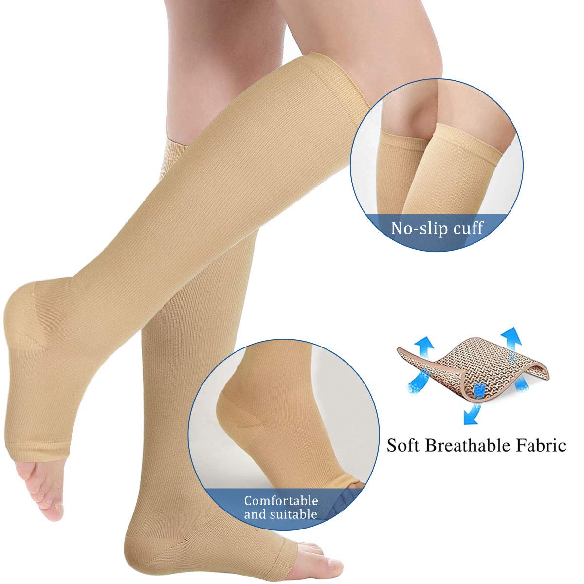 3 Pairs Open Toe Compression Socks Women Knee High Toeless 15-25 mmHg