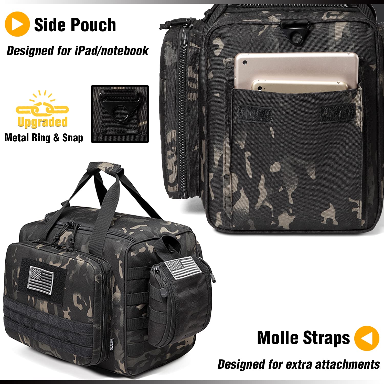 DBTAC Gun Range Bag Large | Tactical 4+ Pistol Shooting Range Duffle Bag for Handguns and Ammo with 2X Removable Hook & Loop Divider for DSLR | US Flag Patch + Universal Holster Included (Black Camo)