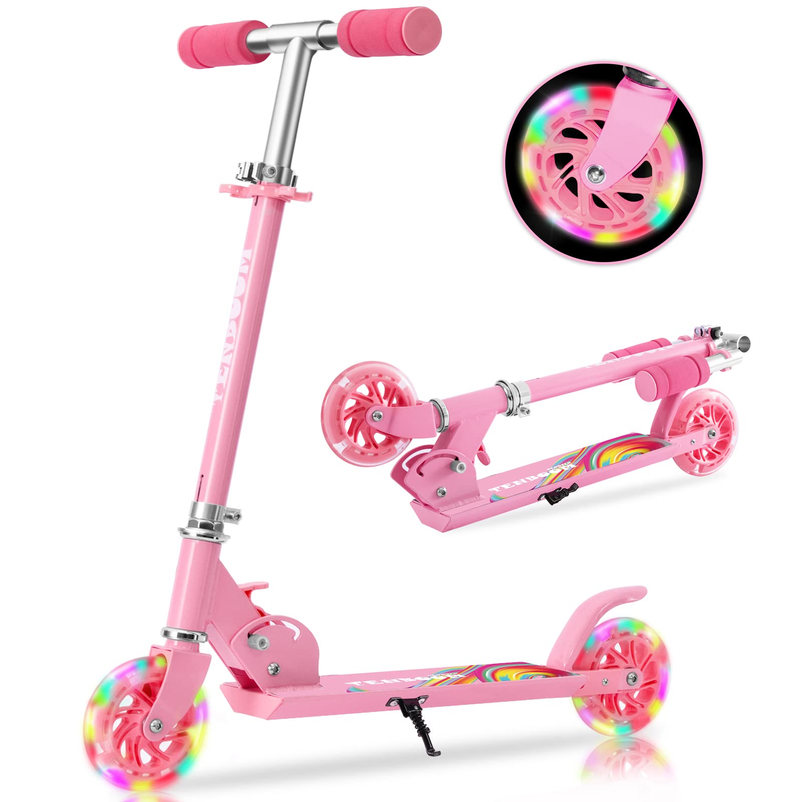 TENBOOM Scooter Toys for Kids Ages 6-12/3-5, Light Up Wheels Christmas Birthday Gifts for Girls Boys, Easy Folding Kids Scooter with 3 Levels Adjustable Handlebar