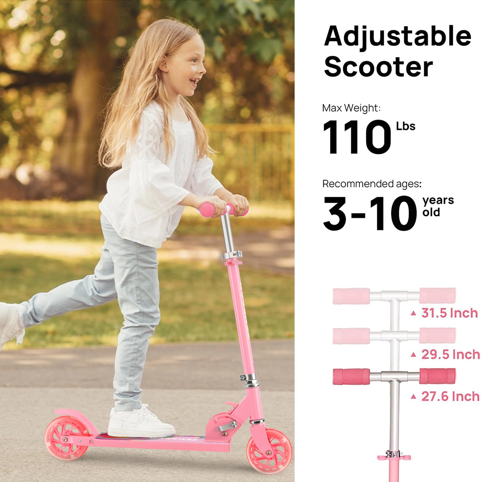 TENBOOM Scooter Toys for Kids Ages 6-12/3-5, Light Up Wheels Christmas Birthday Gifts for Girls Boys, Easy Folding Kids Scooter with 3 Levels Adjustable Handlebar