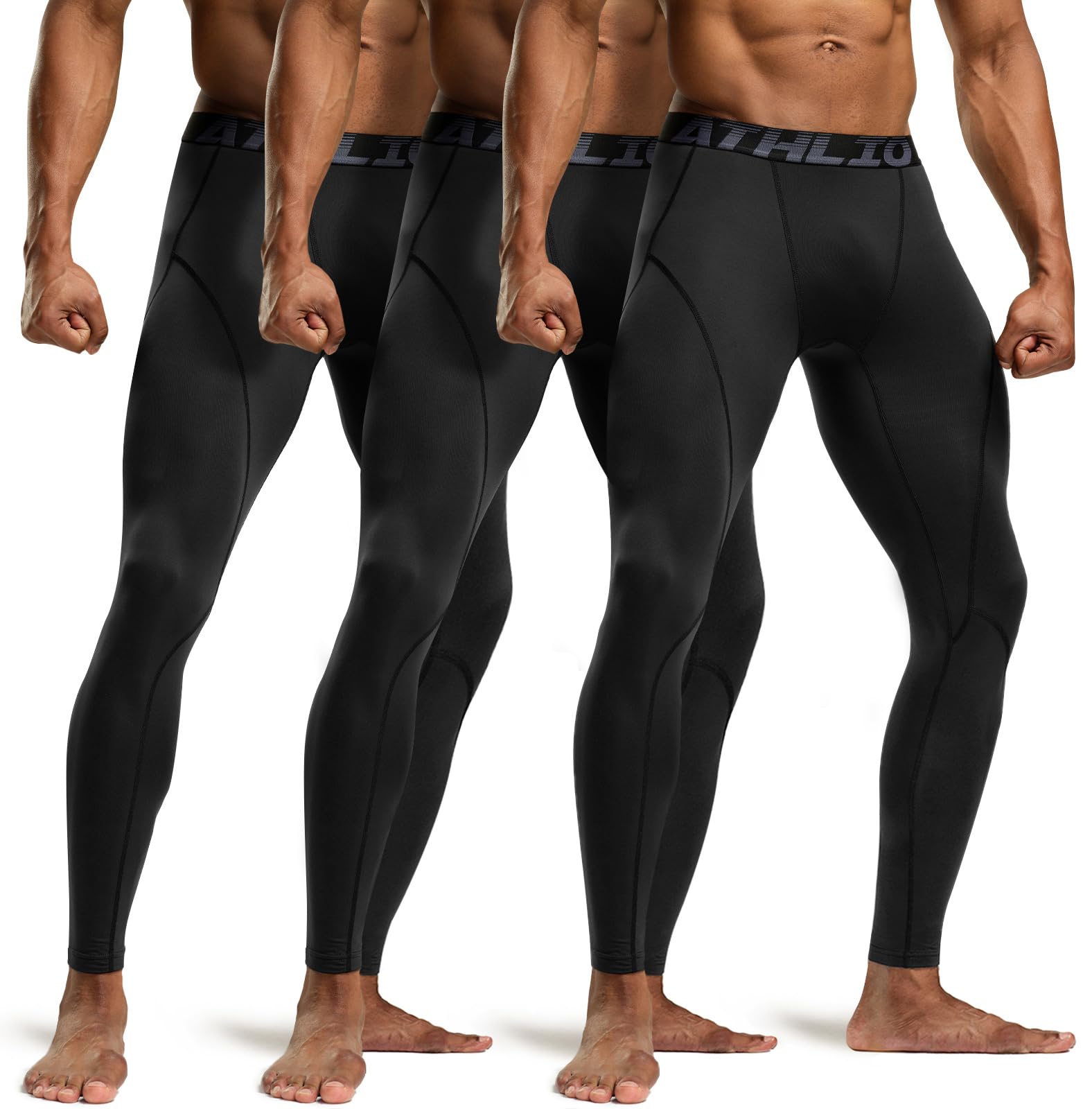 ATHLIO Men's Thermal Compression Pants, Athletic Running Tights & Sports Leggings, Wintergear Base Layer Bottoms, 3pack Thermal Pants Black/Black/Black, Large