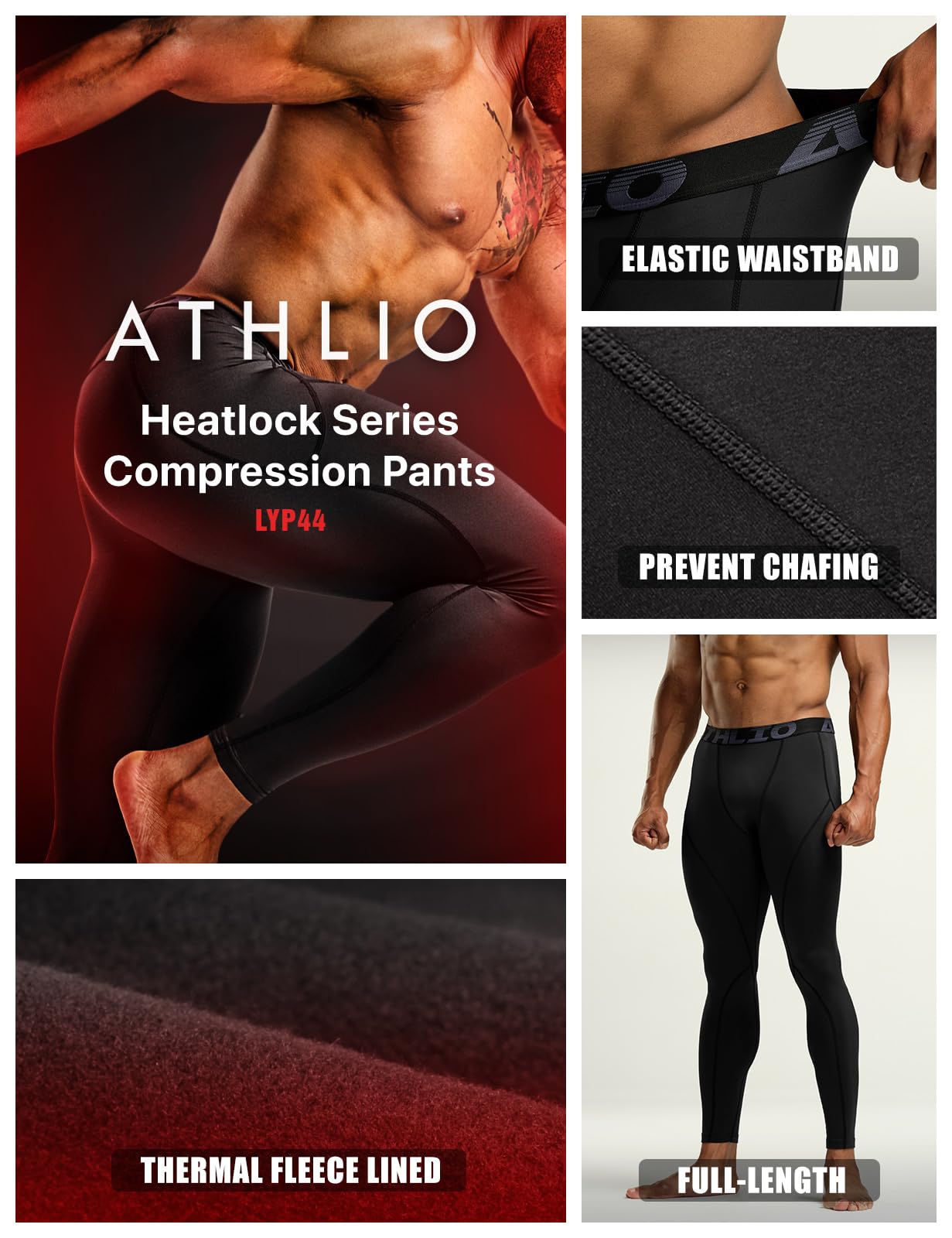 ATHLIO Men's Thermal Compression Pants, Athletic Running Tights & Sports Leggings, Wintergear Base Layer Bottoms, 3pack Thermal Pants Black/Black/Black, Large