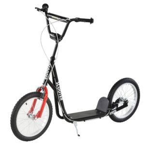 aosom youth scooter kick scooter for kids 5+ with adjustable handlebar 16" front and rear dual brakes inflatable wheels, black