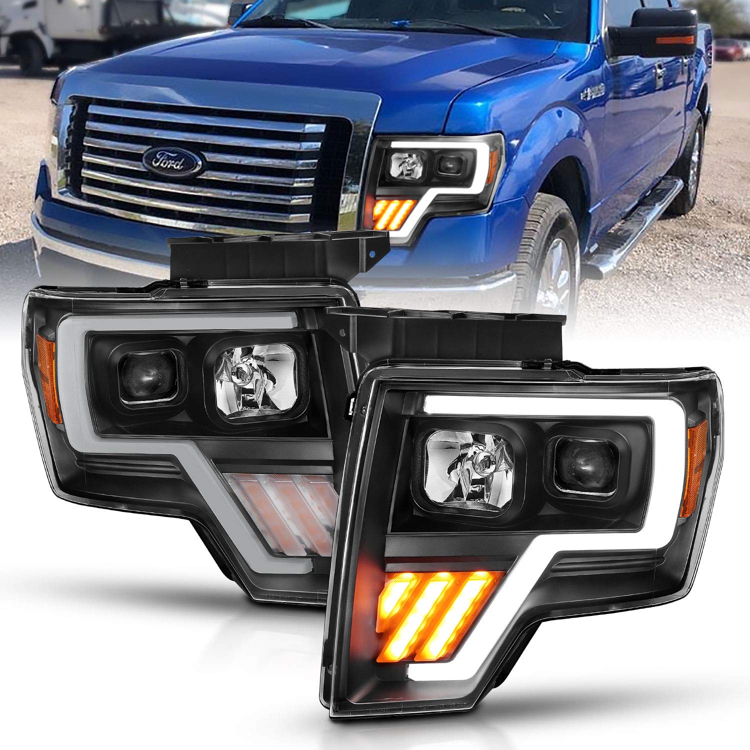 AmeriLite Projector Headlights Halogen, Led, Bar and Turn Signal Set For Ford F150 - Passenger and Driver Side, Vehicle Light Assembly, Black