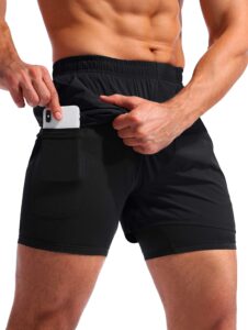 pudolla men’s 2 in 1 running shorts 5" quick dry gym athletic workout shorts for men with phone pockets(black medium)