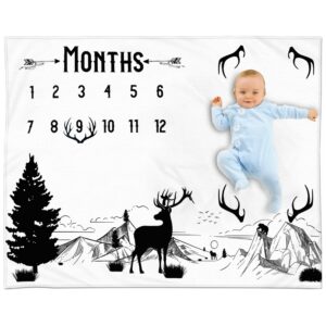 baby monthly milestone blanket boy - milestone blanket for baby boy includes felt antler marker piece, baby milestone blanket for boy or girl, month milestones blanket baby shower (deer)