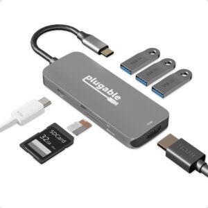 plugable usb-c hub 7-in-1, driverless usb c hub compatible with mac, windows, chromebook, usb4, thunderbolt 4, and more (4k hdmi, 3 usb 3.0, sd & microsd card reader, 100w charging)