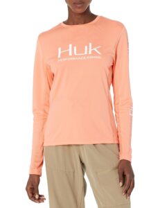 huk women's icon x long sleeve fishing shirt with sun protection, fusion coral, x-large