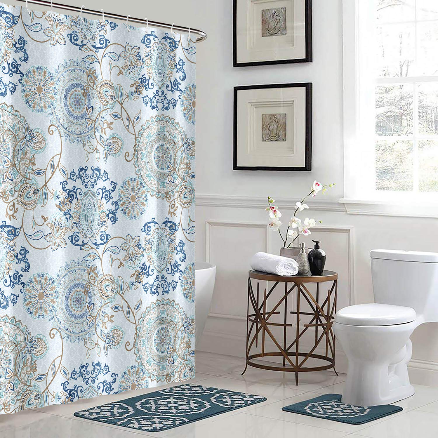 Neasow Teal and White Shower Curtain, Watercolor Floral Bathroom Curtain Light Blue Paisley Design Shower Curtains Aqua 72×72 inches