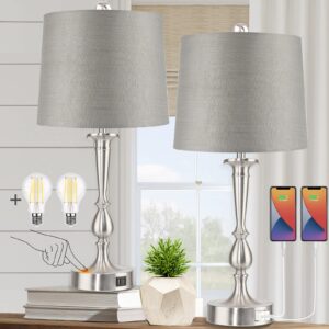 partphoner set of 2 touch control table lamp with dual usb charging ports desk lamps, 3-way dimmable modern nickel finish bedside large table lamps for living room, bedroom