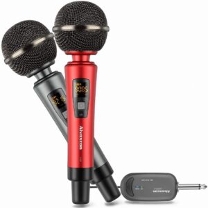 alvoxcon wireless microphone system, rechargeable uhf dynamic handheld mics for phone, dslr camera, karaoke, pa speaker, dj, video vocal recording, singing, youtube, podcast, vlog, church, interview