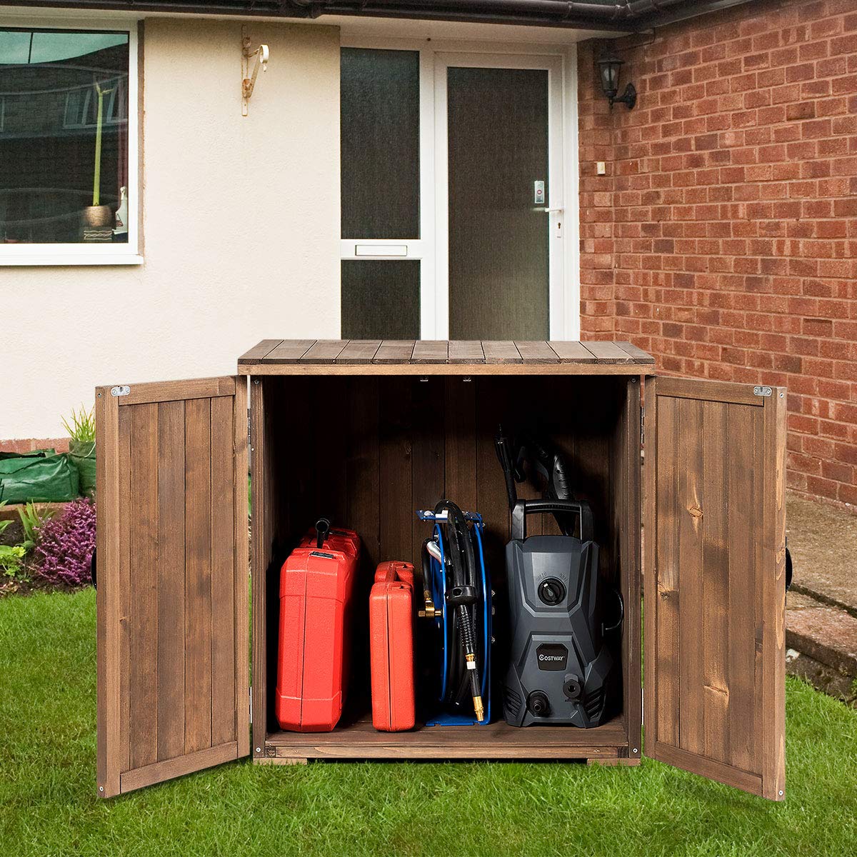 Goplus Compact Wooden Storage Shed, 2.5 X 2 Ft Fir Wood Cabinet for Garden Yard Patio