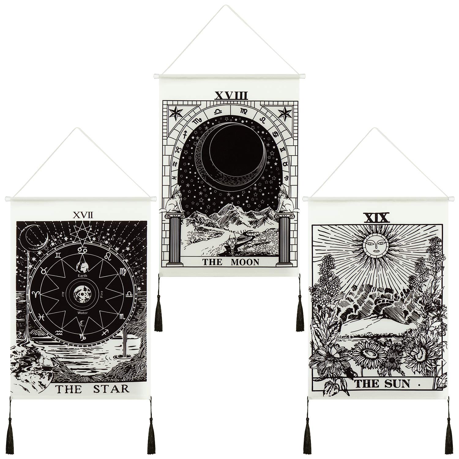 3 Pieces Tarot Card Tapestry Moon Star and Sun Tapestry Mountain Tapestry Black and White Art Tapestry Astronomical Theme Wall Hanging Decoration for Home Room, 13.8 x 19.7 Inches