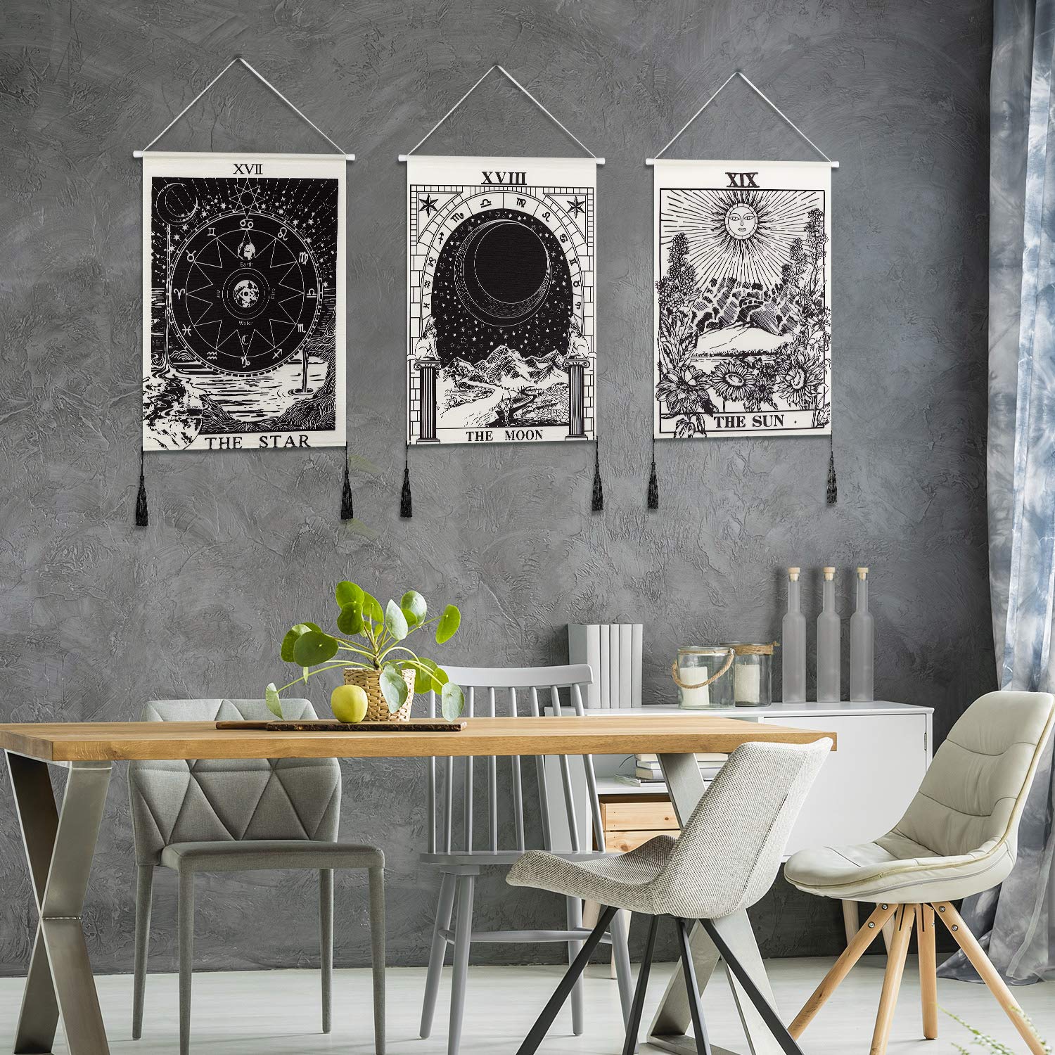 3 Pieces Tarot Card Tapestry Moon Star and Sun Tapestry Mountain Tapestry Black and White Art Tapestry Astronomical Theme Wall Hanging Decoration for Home Room, 13.8 x 19.7 Inches