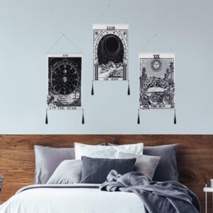 3 Pieces Tarot Card Tapestry Moon Star and Sun Tapestry Mountain Tapestry Black and White Art Tapestry Astronomical Theme Wall Hanging Decoration for Home Room, 13.8 x 19.7 Inches