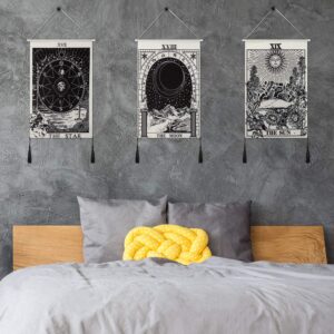 3 Pieces Tarot Card Tapestry Moon Star and Sun Tapestry Mountain Tapestry Black and White Art Tapestry Astronomical Theme Wall Hanging Decoration for Home Room, 13.8 x 19.7 Inches