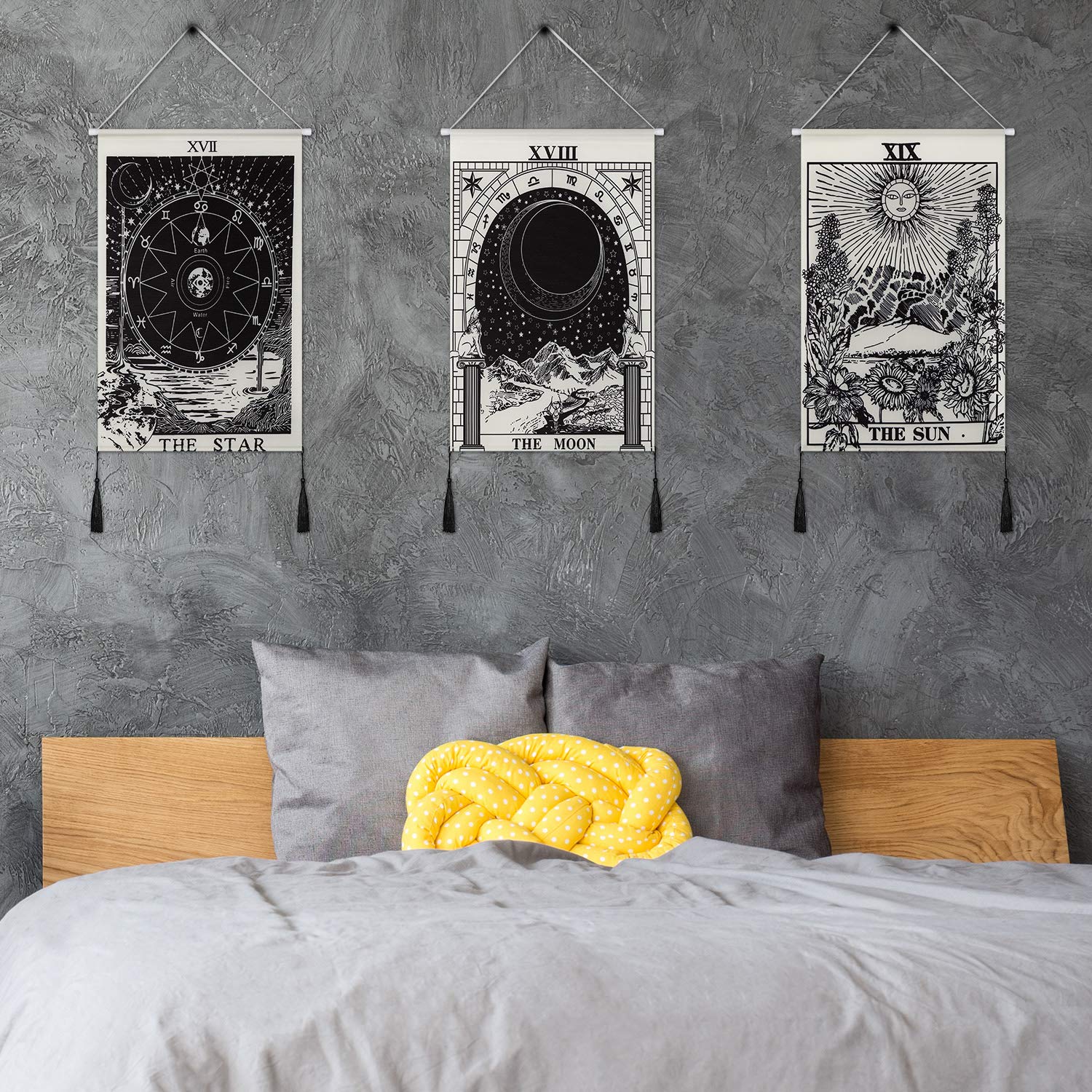 3 Pieces Tarot Card Tapestry Moon Star and Sun Tapestry Mountain Tapestry Black and White Art Tapestry Astronomical Theme Wall Hanging Decoration for Home Room, 13.8 x 19.7 Inches